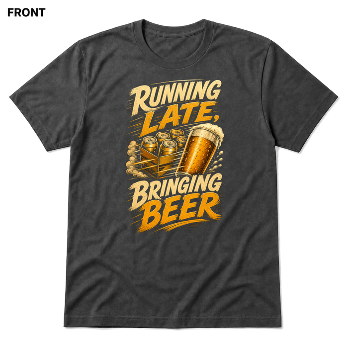 Running Late, Bringing Beer Asphalt front t-shirt mockup - SoCal Brewing Supply