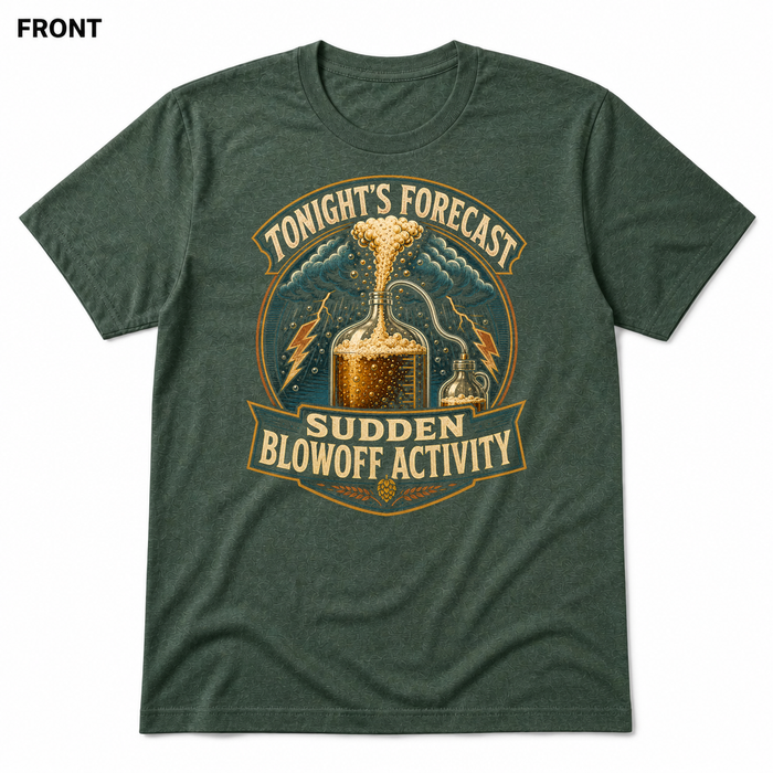 Sudden Blowoff Activity Heather Forest front t-shirt mockup - SoCal Brewing Supply