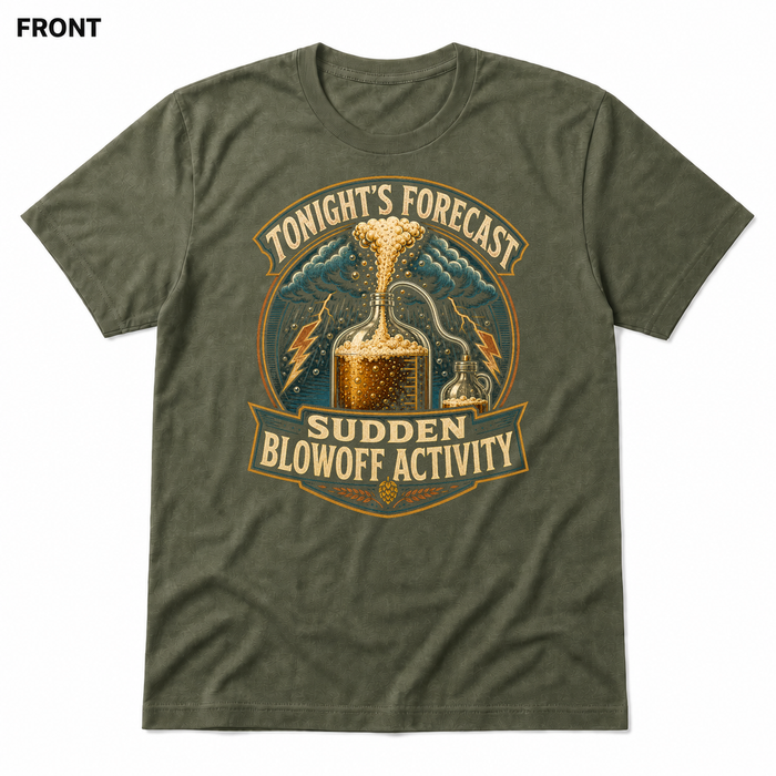 Sudden Blowoff Activity Heather Military Green front t-shirt mockup - SoCal Brewing Supply
