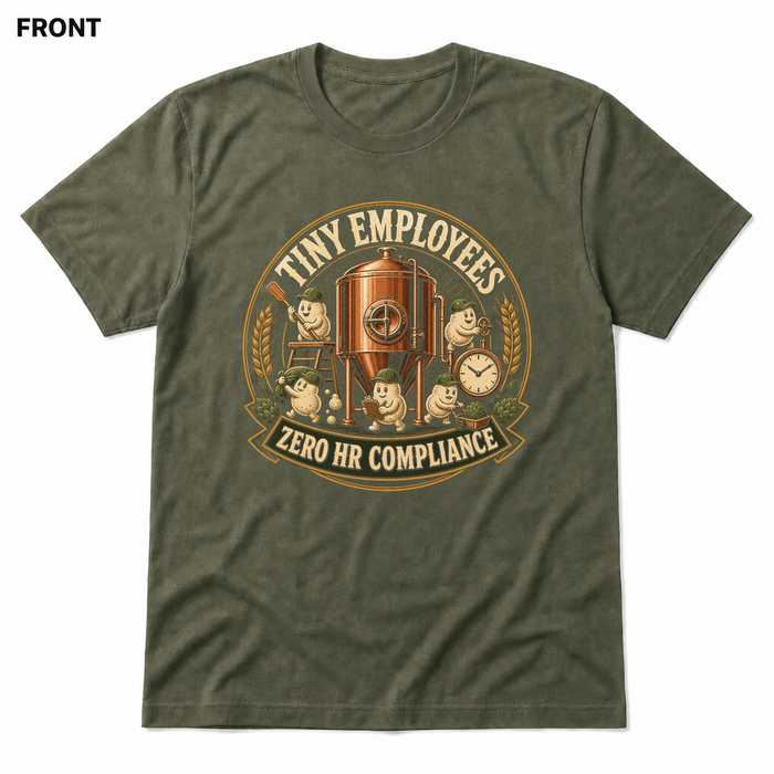 Tiny Employees Heather Military Green front t-shirt mockup - SoCal Brewing Supply