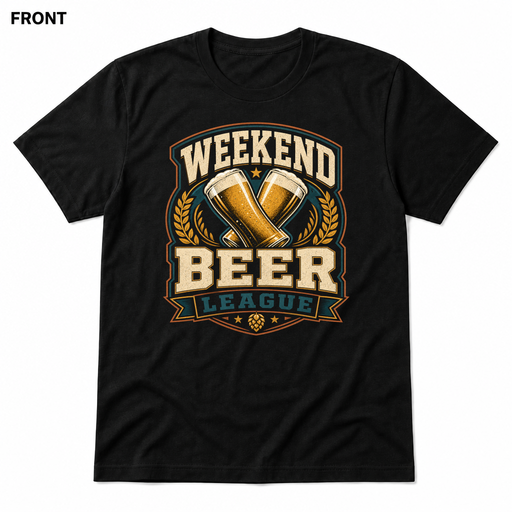 Weekend Beer League Black front t-shirt mockup - SoCal Brewing Supply