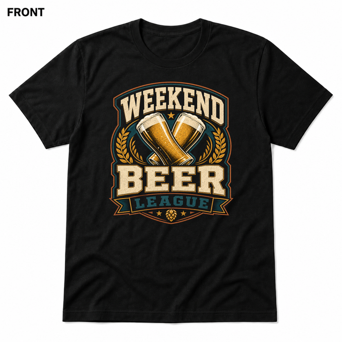 Weekend Beer League Black front t-shirt mockup - SoCal Brewing Supply