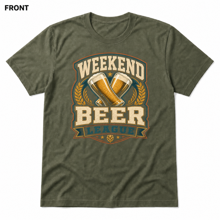 Weekend Beer League Heather Military Green front t-shirt mockup - SoCal Brewing Supply