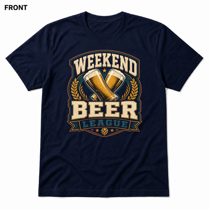Weekend Beer League Navy front t-shirt mockup - SoCal Brewing Supply