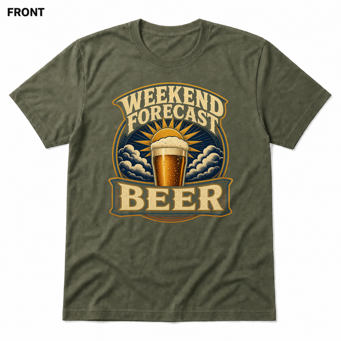Weekend Forecast: Beer Heather Military Green front t-shirt mockup - SoCal Brewing Supply