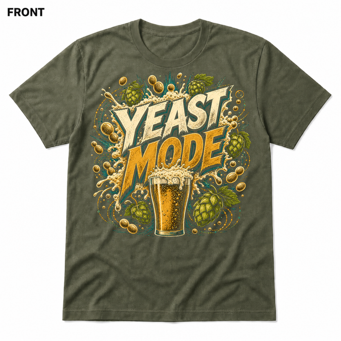 Yeast Mode Heather Military Green front t-shirt mockup - SoCal Brewing Supply