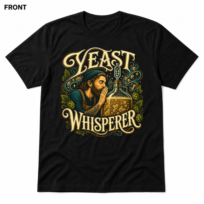 Yeast Whisperer Black front t-shirt mockup - SoCal Brewing Supply