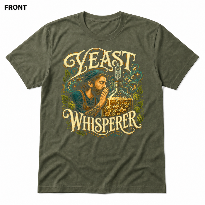 Yeast Whisperer Heather Military Green front t-shirt mockup - SoCal Brewing Supply