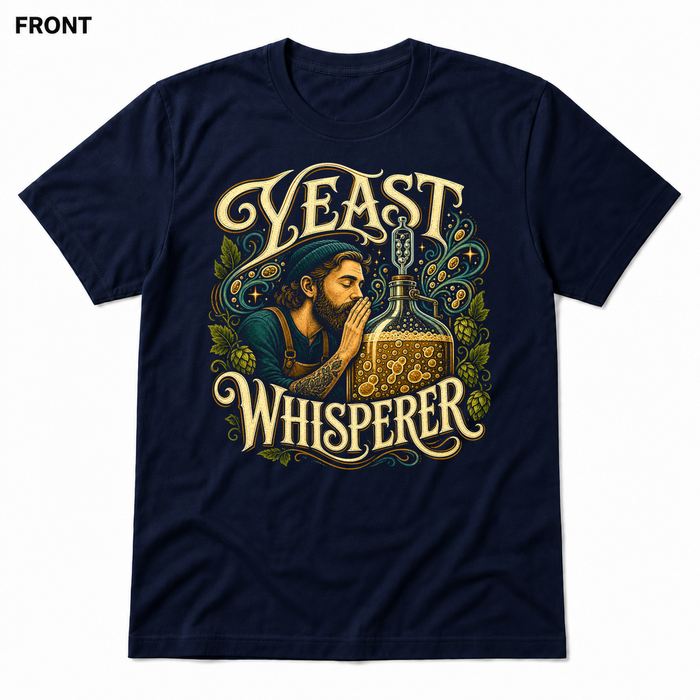 Yeast Whisperer Navy front t-shirt mockup - SoCal Brewing Supply