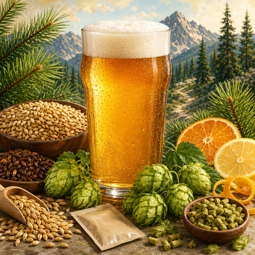 Sierra Trail Pale Ale all-grain recipe kit illustration with pale ale, malt, Cascade hops, and hop pellets
