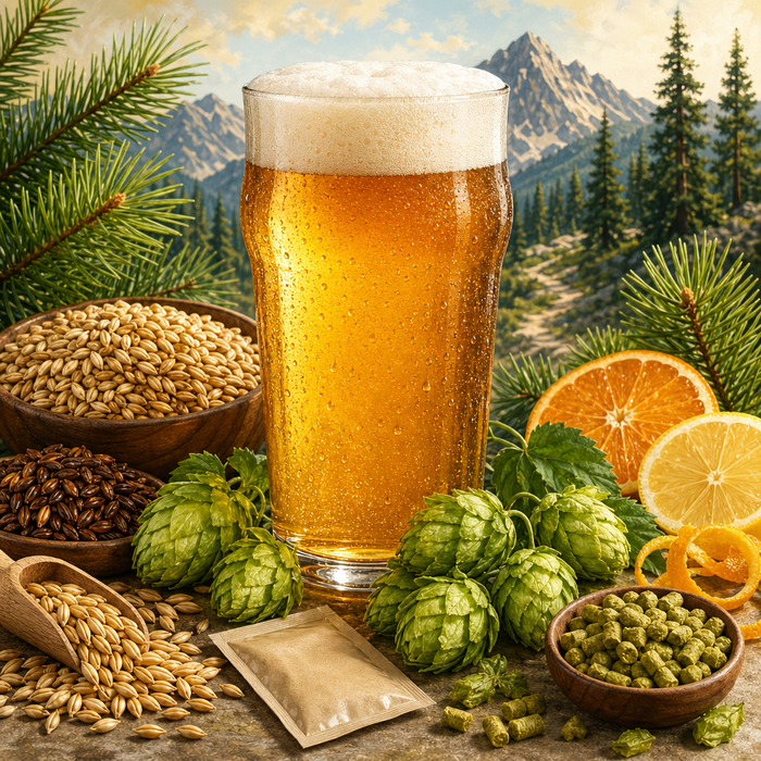 Sierra Trail Pale Ale extract recipe kit illustration with pale ale, malt, Cascade hops, and hop pellets