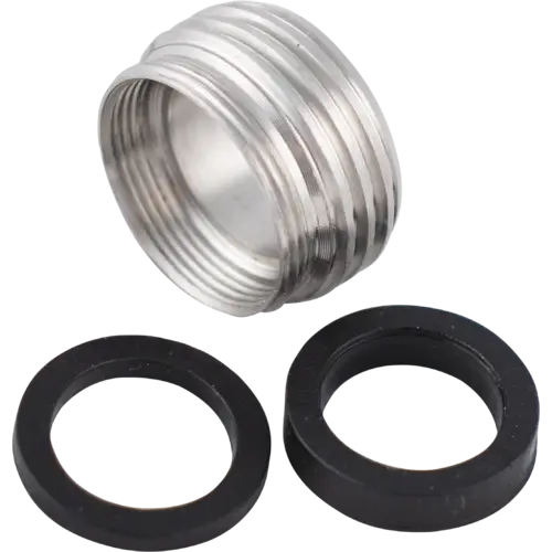 Exploded view of the complete sink faucet to hose bib style adapter, includes stainless steel adapter and two gaskets.