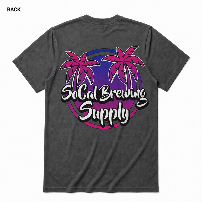 SoCal Brewing Supply Beach Vibes Logo T-Shirt BACK view in Asphalt on square white background; front has small breast-pocket logo and back has large centered logo