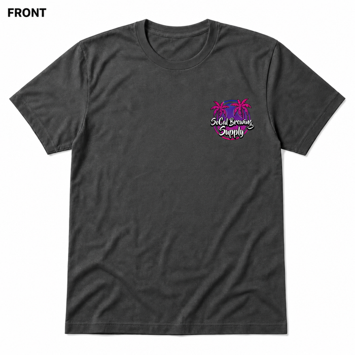 SoCal Brewing Supply Beach Vibes Logo T-Shirt FRONT view in Asphalt on square white background; front has small breast-pocket logo and back has large centered logo