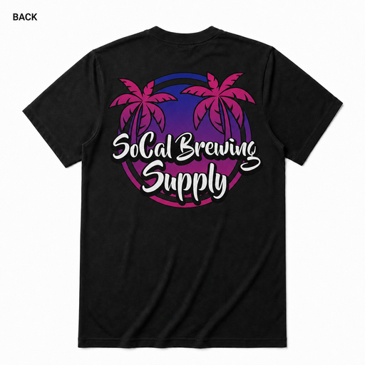 SoCal Brewing Supply Beach Vibes Logo T-Shirt BACK view in Black on square white background; front has small breast-pocket logo and back has large centered logo