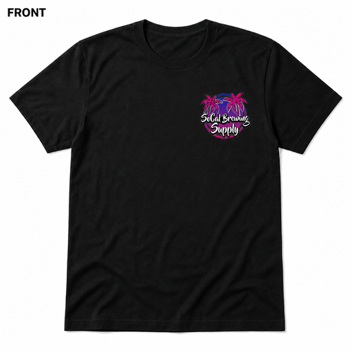 SoCal Brewing Supply Beach Vibes Logo T-Shirt FRONT view in Black on square white background; front has small breast-pocket logo and back has large centered logo