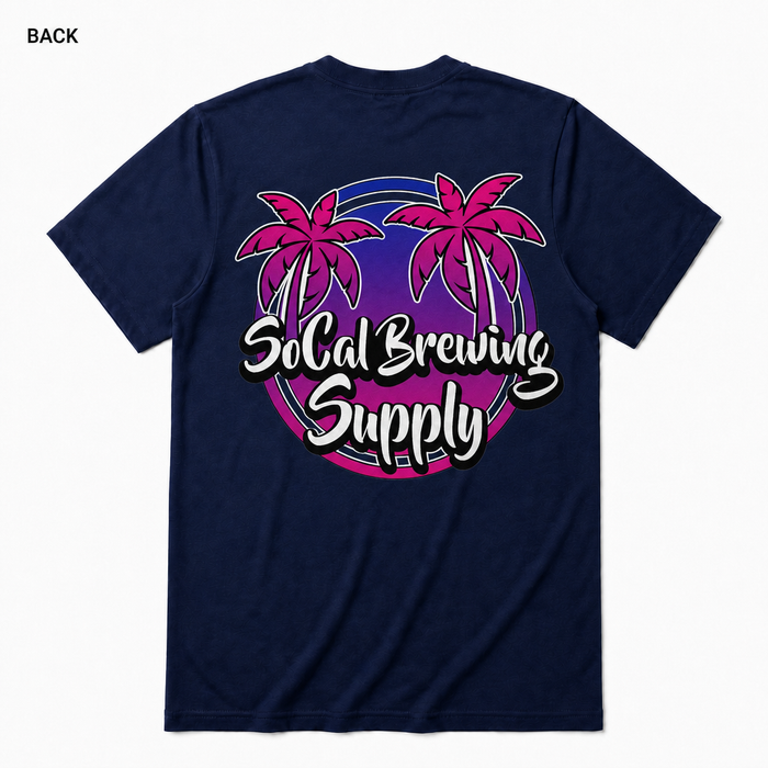 SoCal Brewing Supply Beach Vibes Logo T-Shirt BACK view in Navy on square white background; front has small breast-pocket logo and back has large centered logo