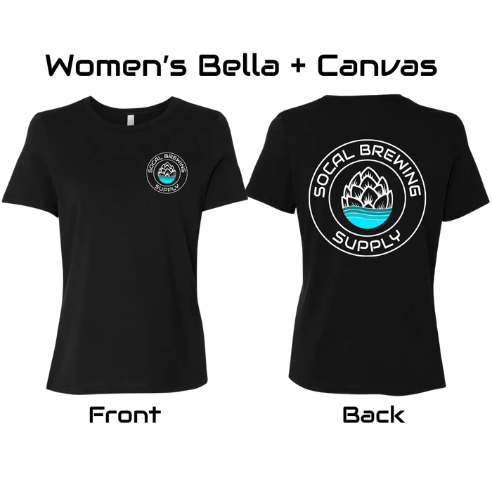 Women's SoCal Brewing Supply T-Shirt printed Direct to Fabric (DTF) on Black Bella + Canvas soft T-shirts.