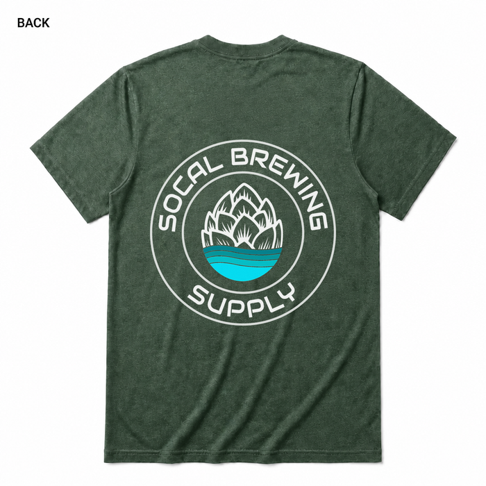 SoCal Brewing Supply Classic Logo Soft T-Shirt BACK view in Heather Forest with correct circular shop logo