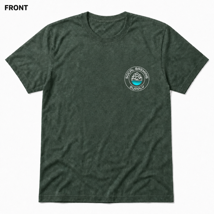 SoCal Brewing Supply Classic Logo Soft T-Shirt FRONT view in Heather Forest with correct circular shop logo