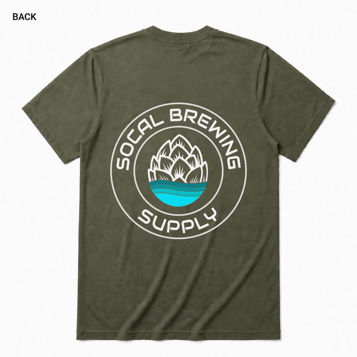 SoCal Brewing Supply Classic Logo Soft T-Shirt BACK view in Military Green with correct circular shop logo