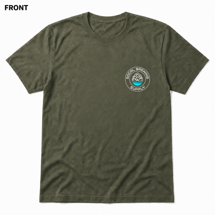SoCal Brewing Supply Classic Logo Soft T-Shirt FRONT view in Military Green with correct circular shop logo