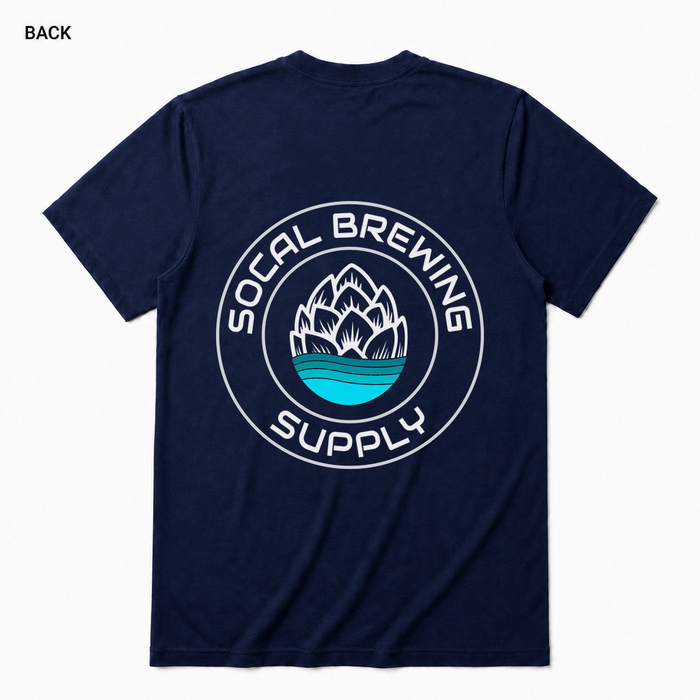 SoCal Brewing Supply Classic Logo Soft T-Shirt BACK view in Navy with correct circular shop logo