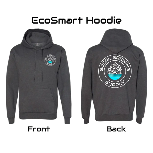 Front and rear view of the SoCal Brewing Supply Unisex Dark Charcoal Heather Hoodie.