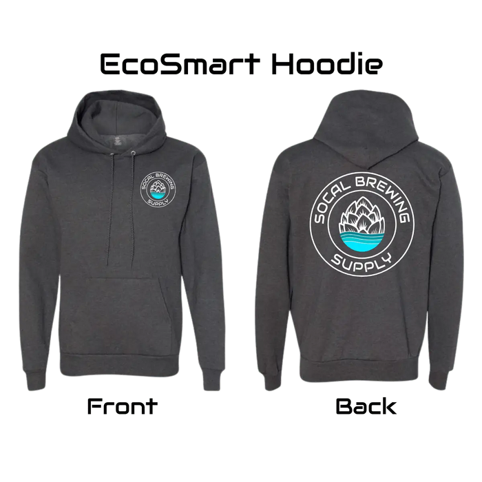 Front and rear view of the SoCal Brewing Supply Unisex Dark Charcoal Heather Hoodie.
