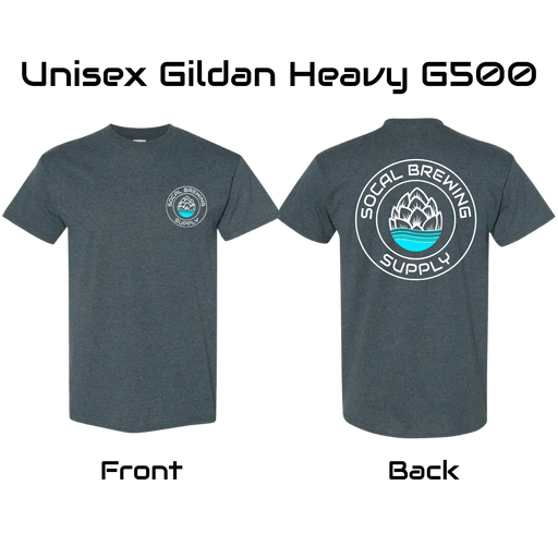 Dark Gray Heather SoCal Brewing Supply T-Shirt, printed on Gildan Heavy G500 shirts.