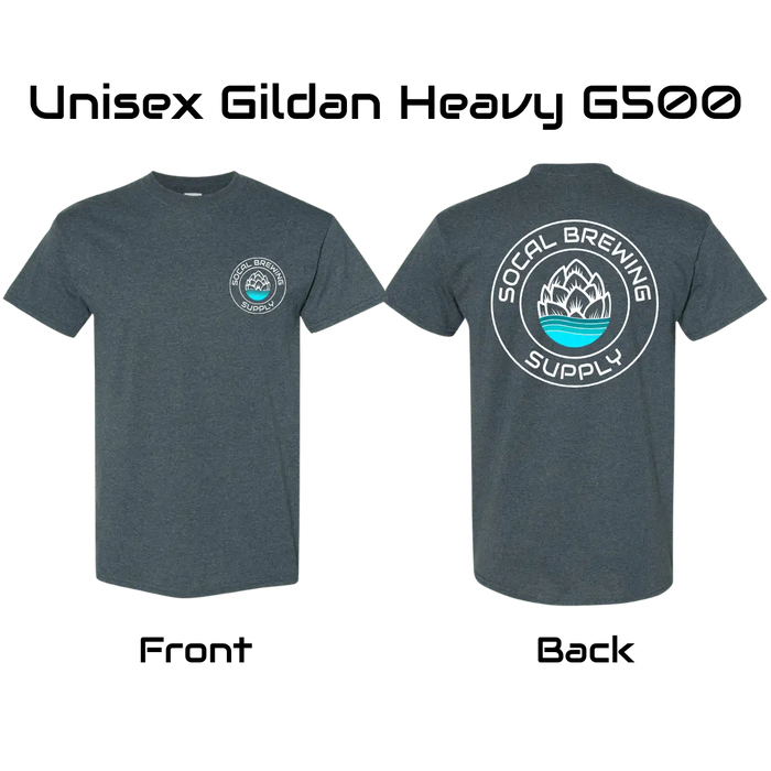 Dark Gray Heather SoCal Brewing Supply T-Shirt, printed on Gildan Heavy G500 shirts.