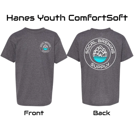 Kid's sized SoCal Brewing Supply T-shirt, the base shirts are Hanes ComfortSoft Youth shirts.