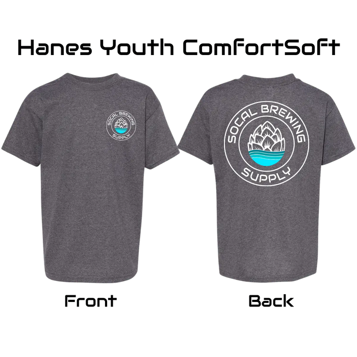 Kid's sized SoCal Brewing Supply T-shirt, the base shirts are Hanes ComfortSoft Youth shirts.