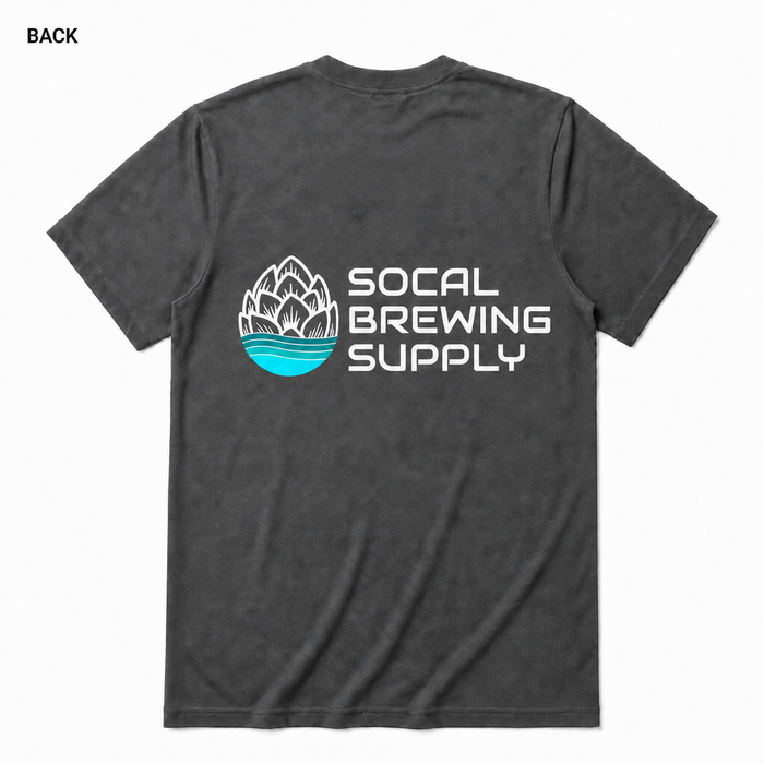 SoCal Brewing Supply Horizontal Logo T-Shirt BACK view in Asphalt on square white background; front has small breast-pocket logo and back has large centered logo