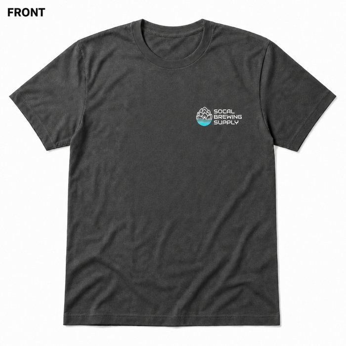 SoCal Brewing Supply Horizontal Logo T-Shirt FRONT view in Asphalt on square white background; front has small breast-pocket logo and back has large centered logo