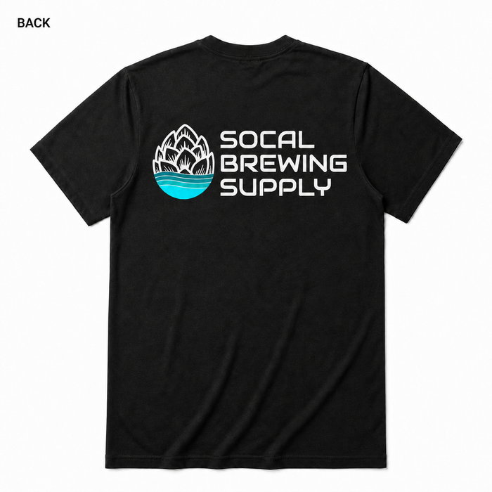 SoCal Brewing Supply Horizontal Logo T-Shirt BACK view in Black on square white background; front has small breast-pocket logo and back has large centered logo