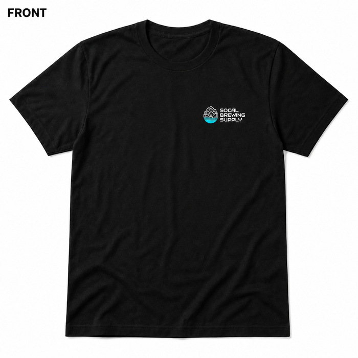 SoCal Brewing Supply Horizontal Logo T-Shirt FRONT view in Black on square white background; front has small breast-pocket logo and back has large centered logo