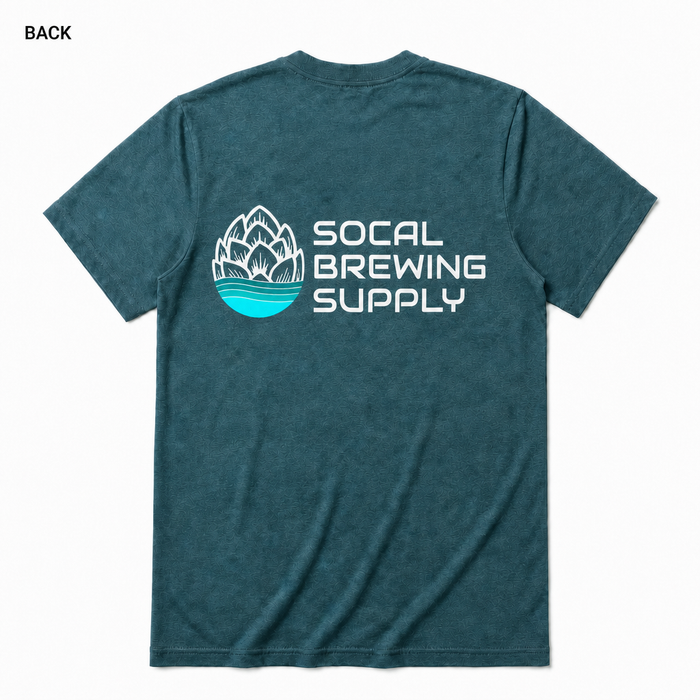 SoCal Brewing Supply Horizontal Logo T-Shirt BACK view in Heather Deep Teal on square white background; front has small breast-pocket logo and back has large centered logo