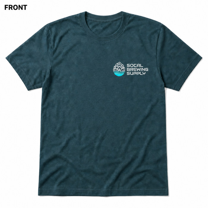 SoCal Brewing Supply Horizontal Logo T-Shirt FRONT view in Heather Deep Teal on square white background; front has small breast-pocket logo and back has large centered logo