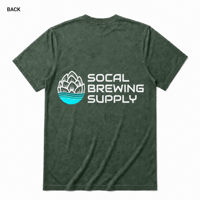SoCal Brewing Supply Horizontal Logo T-Shirt BACK view in Heather Forest on square white background; front has small breast-pocket logo and back has large centered logo