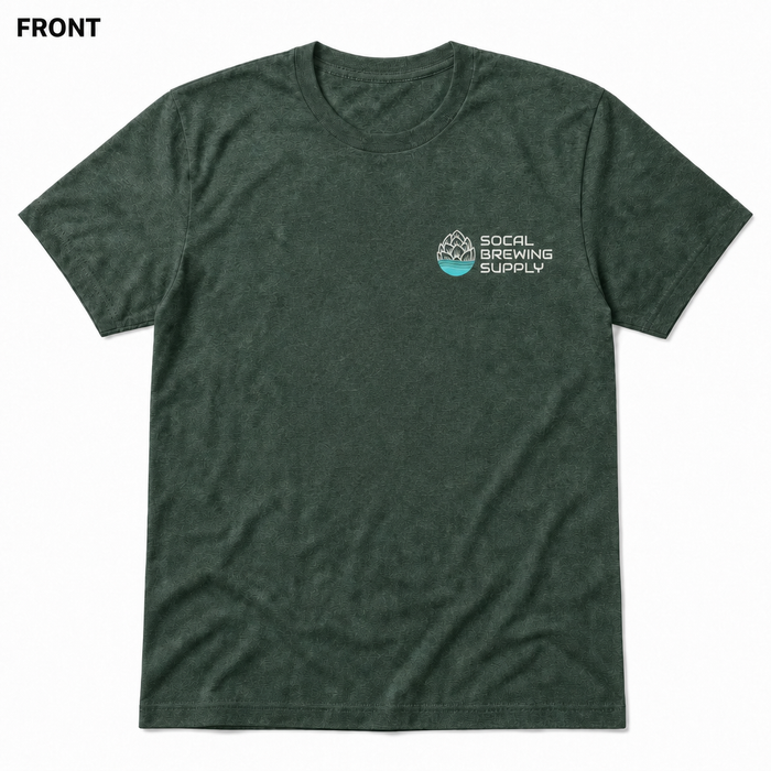 SoCal Brewing Supply Horizontal Logo T-Shirt FRONT view in Heather Forest on square white background; front has small breast-pocket logo and back has large centered logo