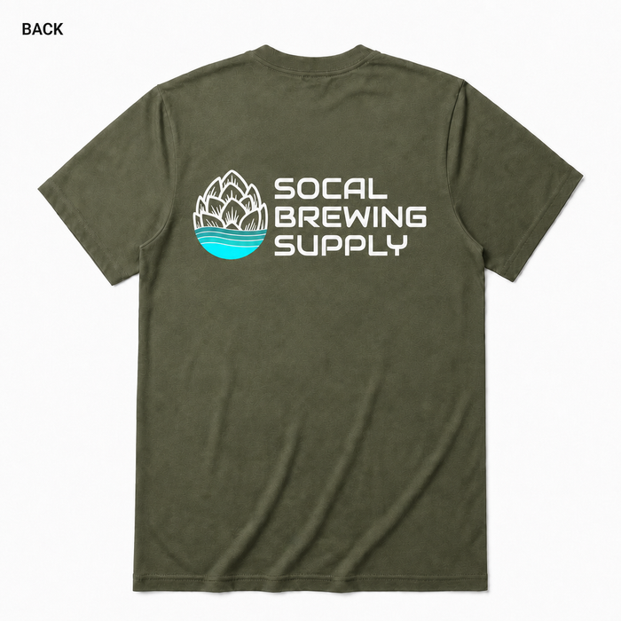 SoCal Brewing Supply Horizontal Logo T-Shirt BACK view in Military Green on square white background; front has small breast-pocket logo and back has large centered logo