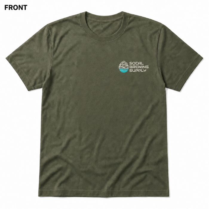 SoCal Brewing Supply Horizontal Logo T-Shirt FRONT view in Military Green on square white background; front has small breast-pocket logo and back has large centered logo