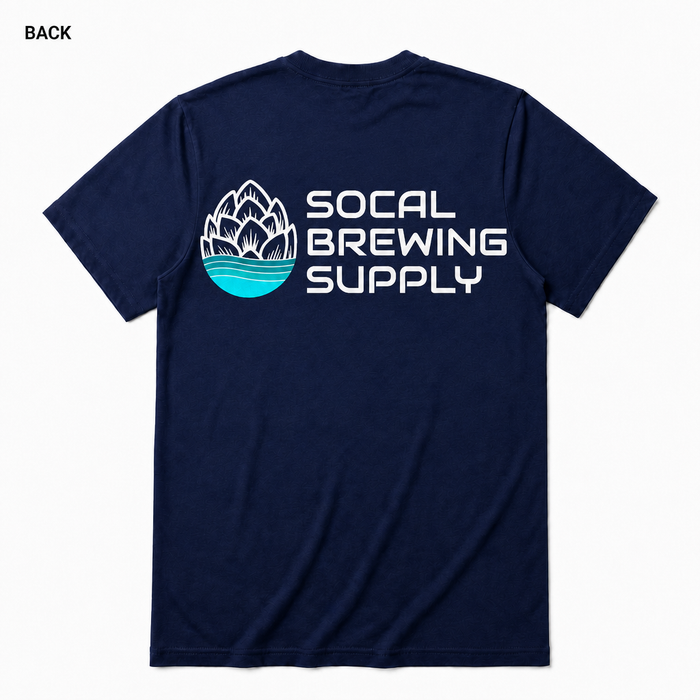 SoCal Brewing Supply Horizontal Logo T-Shirt BACK view in Navy on square white background; front has small breast-pocket logo and back has large centered logo