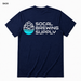 SoCal Brewing Supply Horizontal Logo T-Shirt BACK view in Navy on square white background; front has small breast-pocket logo and back has large centered logo