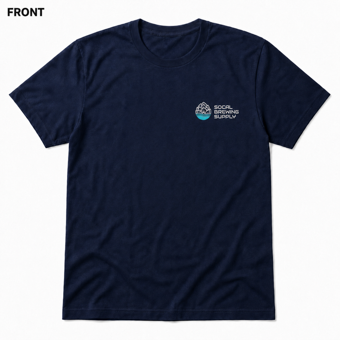 SoCal Brewing Supply Horizontal Logo T-Shirt FRONT view in Navy on square white background; front has small breast-pocket logo and back has large centered logo