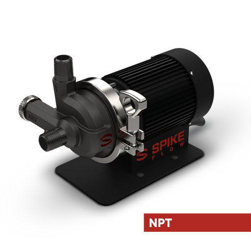 Spike Flow brewing pump with NPT connections, angled view on a white background.