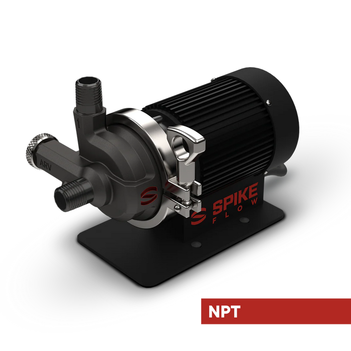 Spike Flow brewing pump with NPT connections, angled view on a white background.