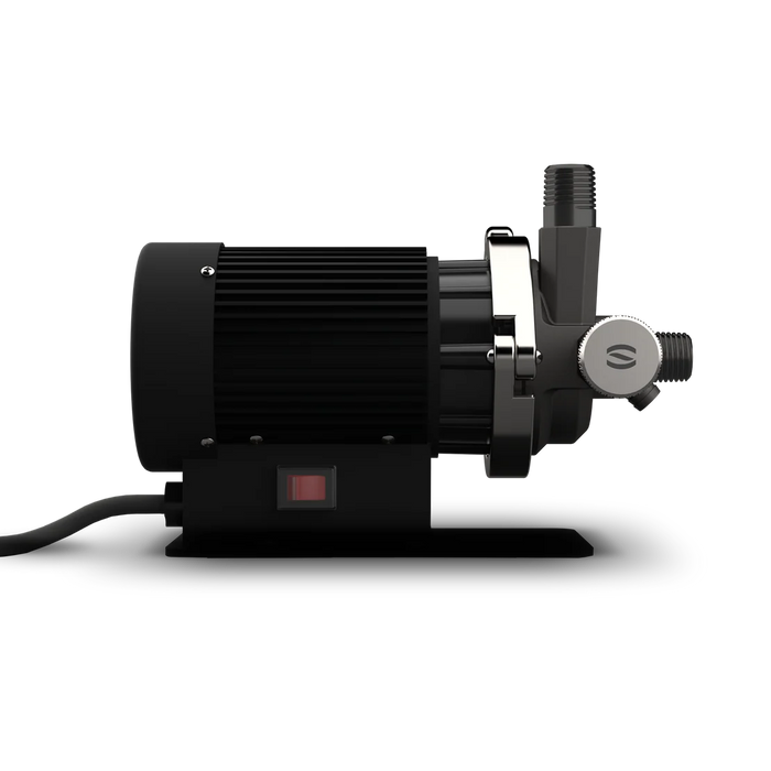 Spike Flow brewing pump with NPT connections, back view on a white background.