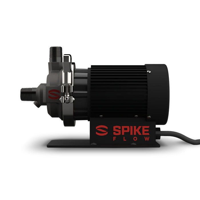 Spike Flow brewing pump with NPT connections, front view on a white background.